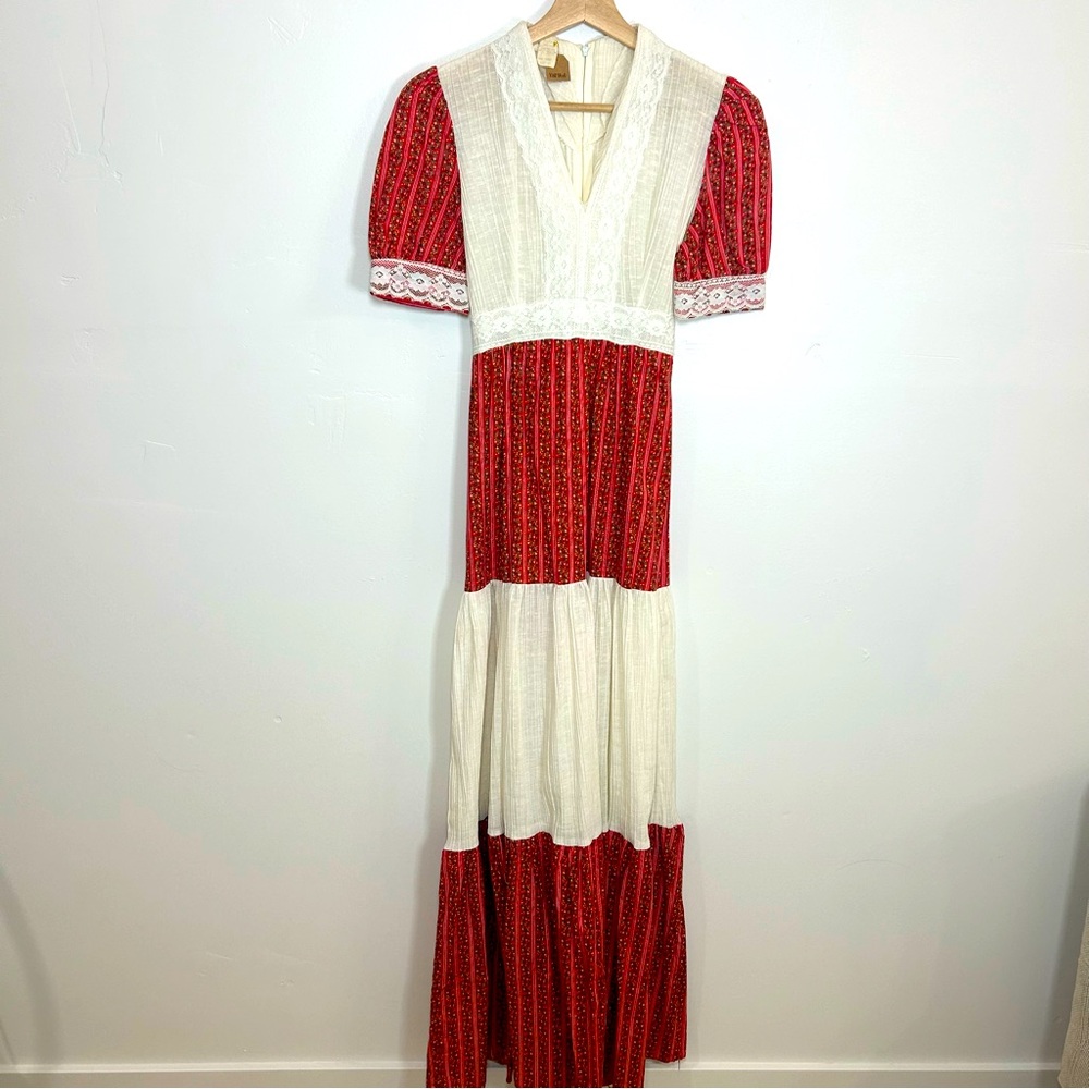 Vintage floral lace multi print tiered maxi prairie dress size small